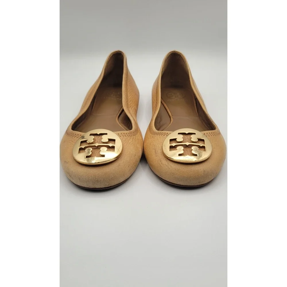 Tory Burch Reva Women's Ballet Flats 8M Tan Pebbled Leather Gold Logo